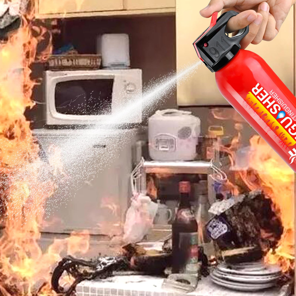 Cermug extinguisher with safety pin and handle for simple operation.