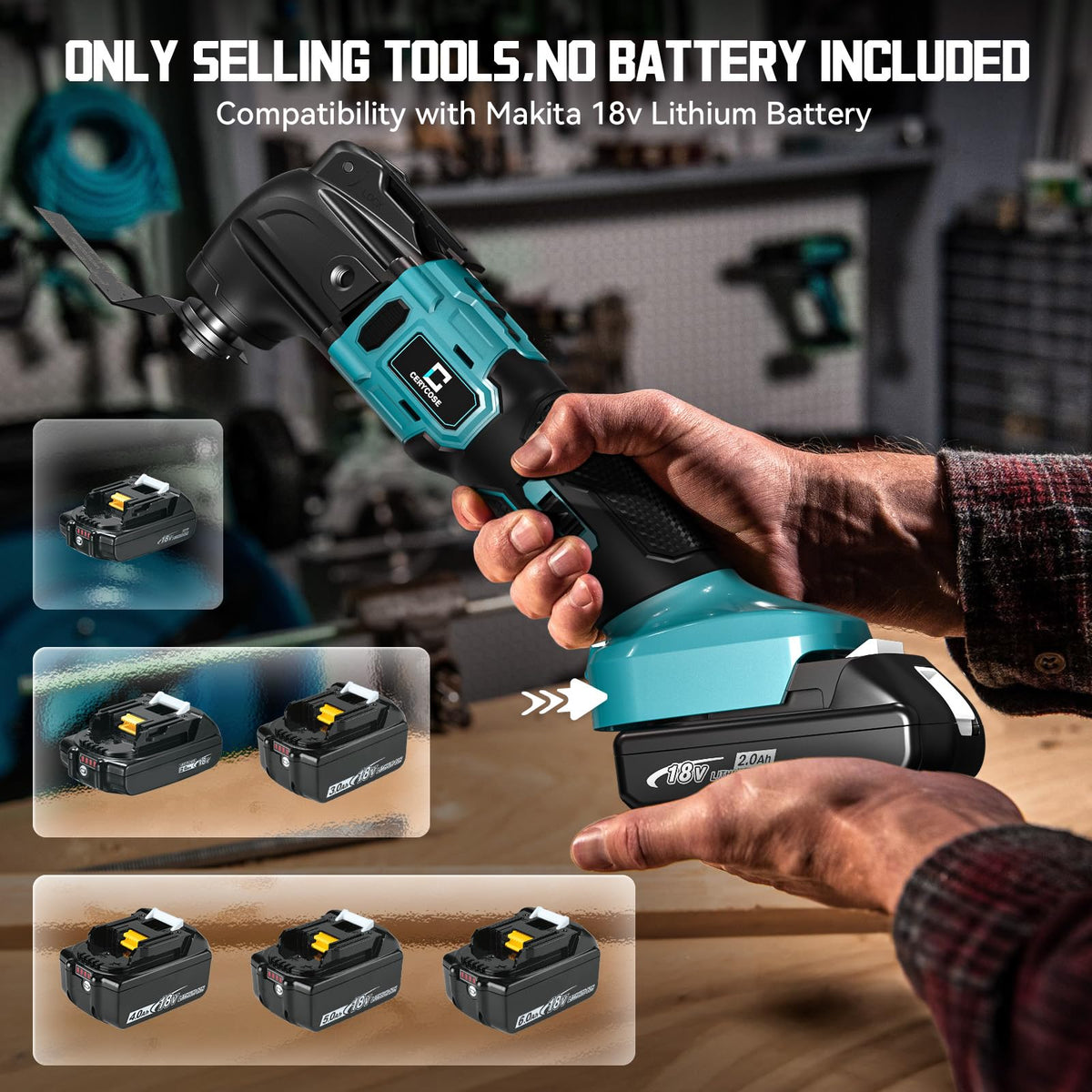 Cerycose oscillating tool compatible with Makita 18V batteries for flexible power on site.