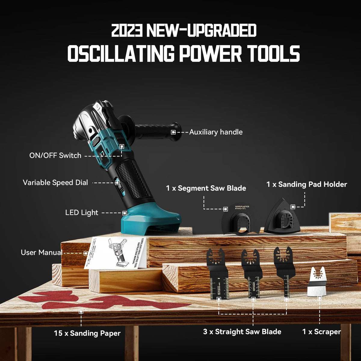 The kit includes sanding papers, blades, scraper, plate, and an auxiliary handle for ready finishing.