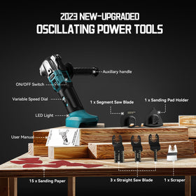 The kit includes sanding papers, blades, scraper, plate, and an auxiliary handle for ready finishing.