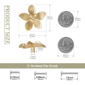 CEYMIO brushed gold flower knob drawer assembly showing screw options