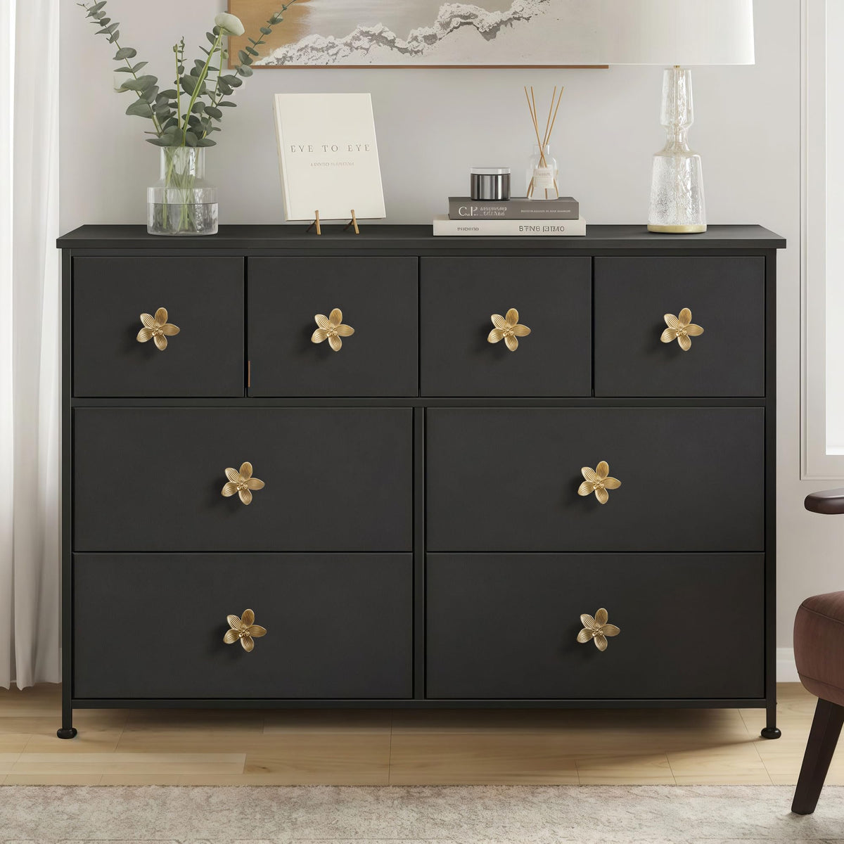CEYMIO brushed gold flower knob installed on a drawer for easy update
