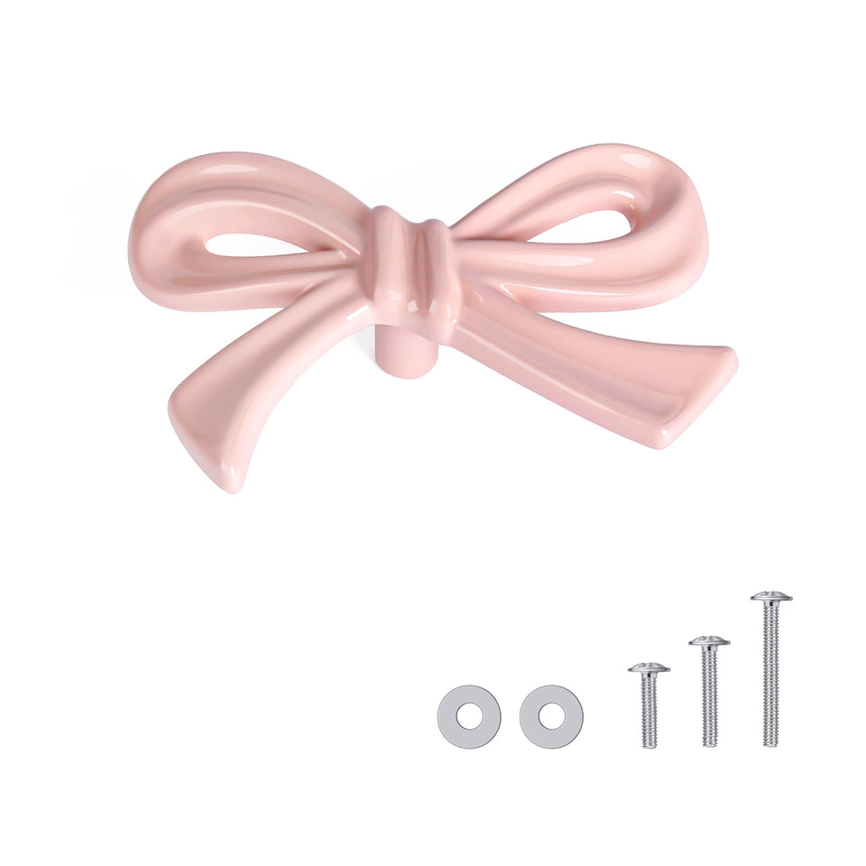 CEYMIO pink bow dresser knob closeup highlighting glossy finish and 3D bow detail