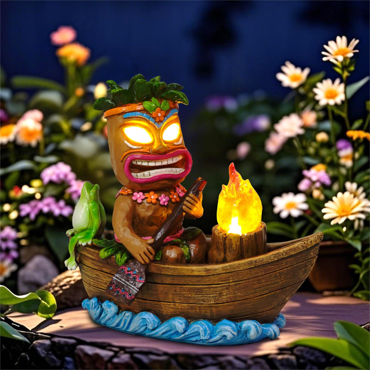 CFFOWNUG solar tiki bar figurine light brightens outdoor spaces with tropical charm.