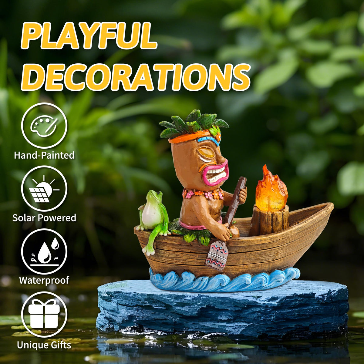 CFFOWNUG sun-powered tiki illumination for nighttime tropical vibes.
