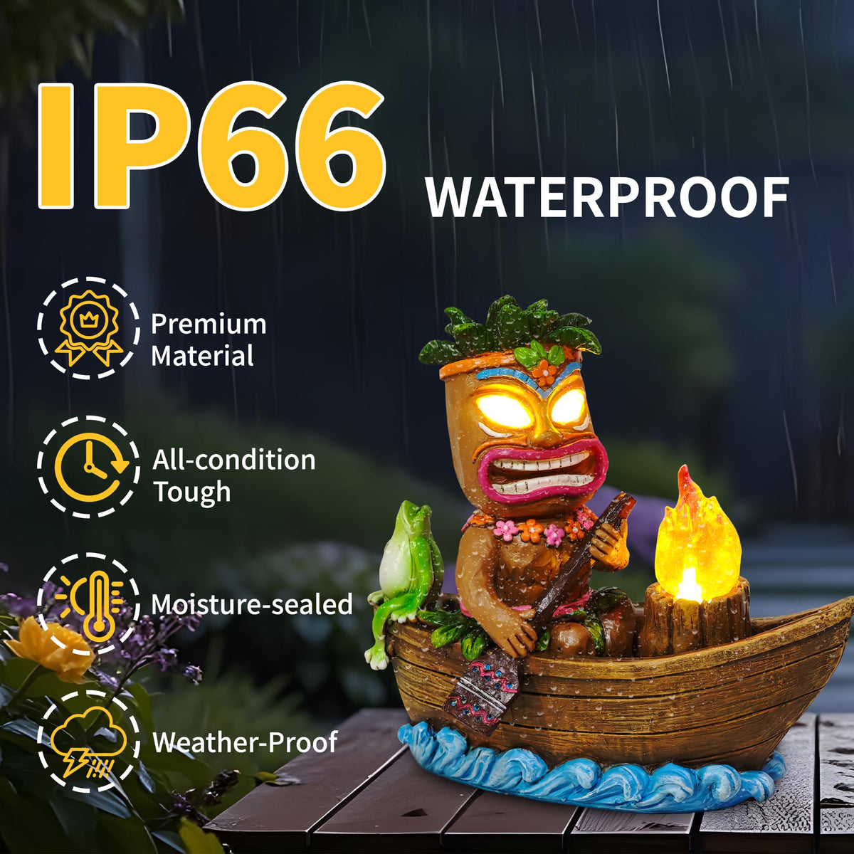 CFFOWNUG waterproof resin tiki figure withstands sun and rain.