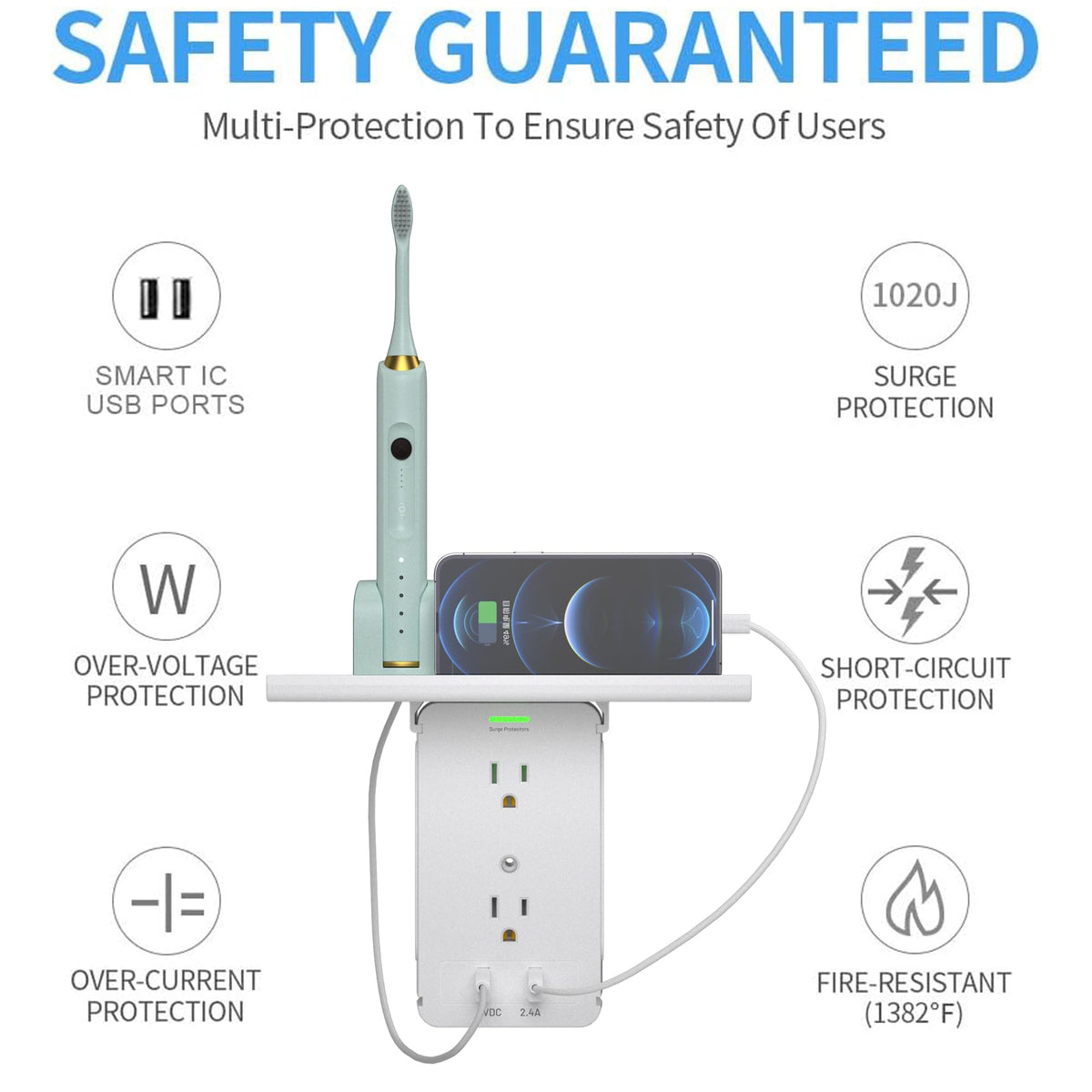 CFMASTER 11-port surge protector wall outlet demonstrates ample outlets for multiple devices.