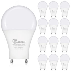CFMASTER GU24 LED bulb in packaging showing 12-pack convenience for multiple rooms.