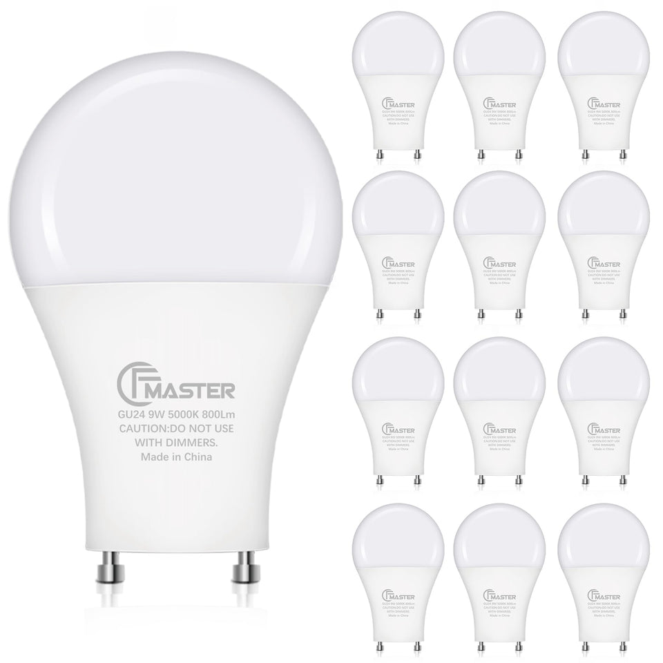 CFMASTER GU24 LED bulb in packaging showing 12-pack convenience for multiple rooms.