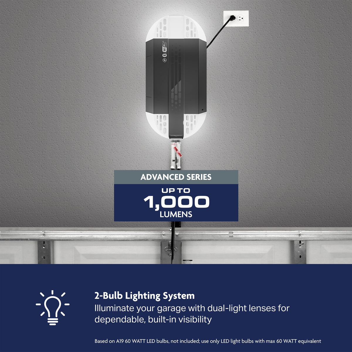 Chamberlain 4310 two-bulb lighting illuminating the garage for safer visibility.