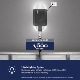 Chamberlain 4310 two-bulb lighting illuminating the garage for safer visibility.