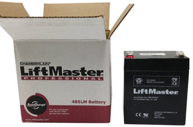 Chamberlain 485LM battery backup front view showing OEM compatibility and outage resilience.