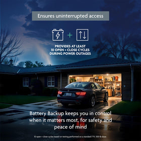 CHAMBERLAIN B3000 battery backup keeps garage access during power outages.