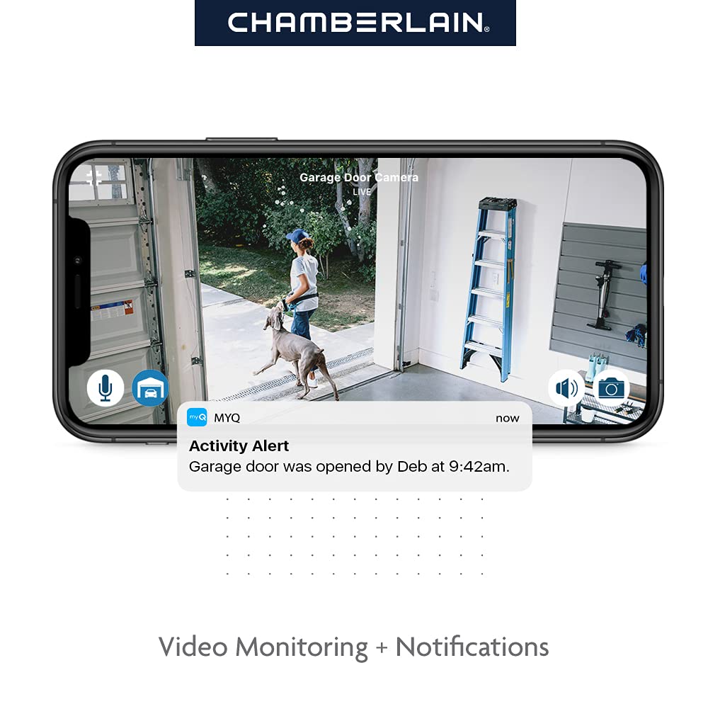 Chamberlain B4643T 1000-lumen LED lighting brightens dark garage spaces.