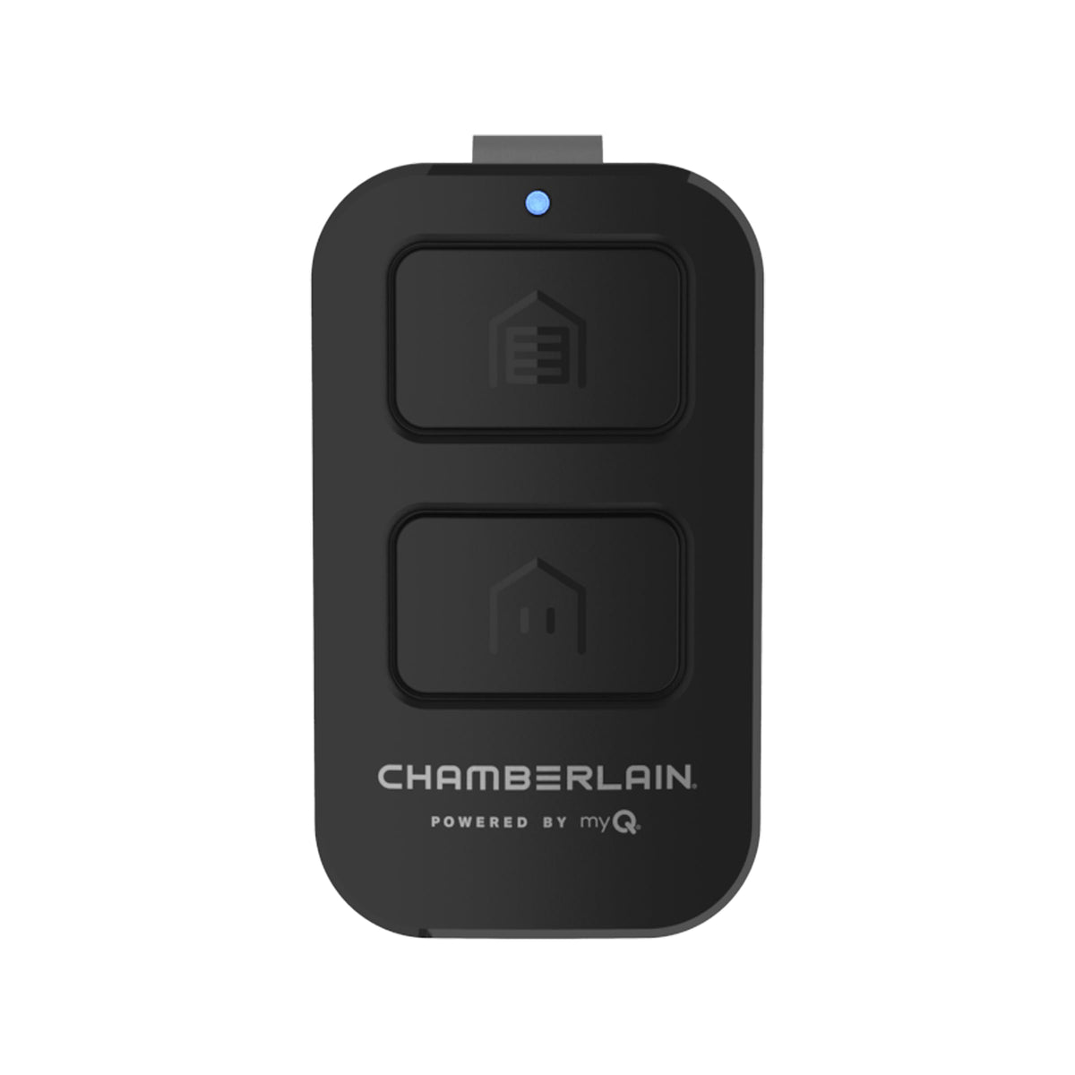Chamberlain myQ 2-button remote on a keychain for quick, hands-free garage access.