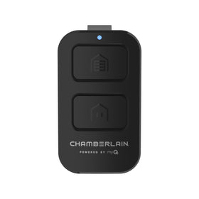 Chamberlain myQ 2-button remote on a keychain for quick, hands-free garage access.