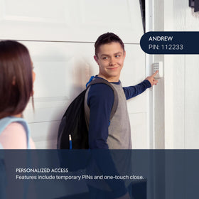 Chamberlain myQ keypad battery-powered installation emphasizes wireless setup without wiring.