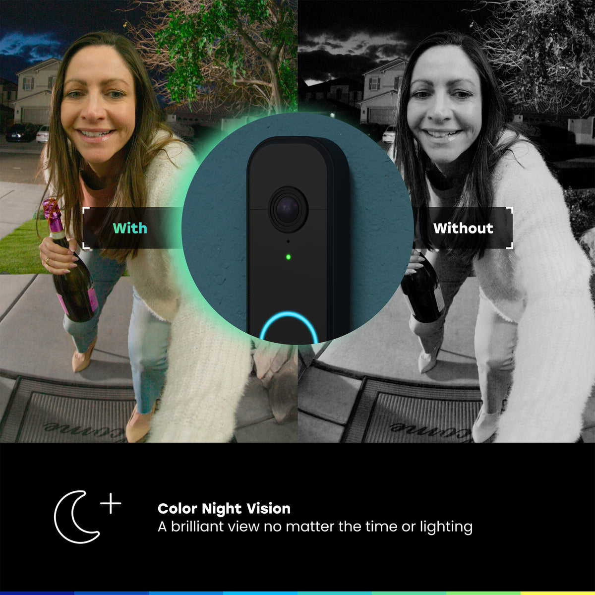 CHAMBERLAIN myQ Video Doorbell color night vision reveals colors in low light for recognition.