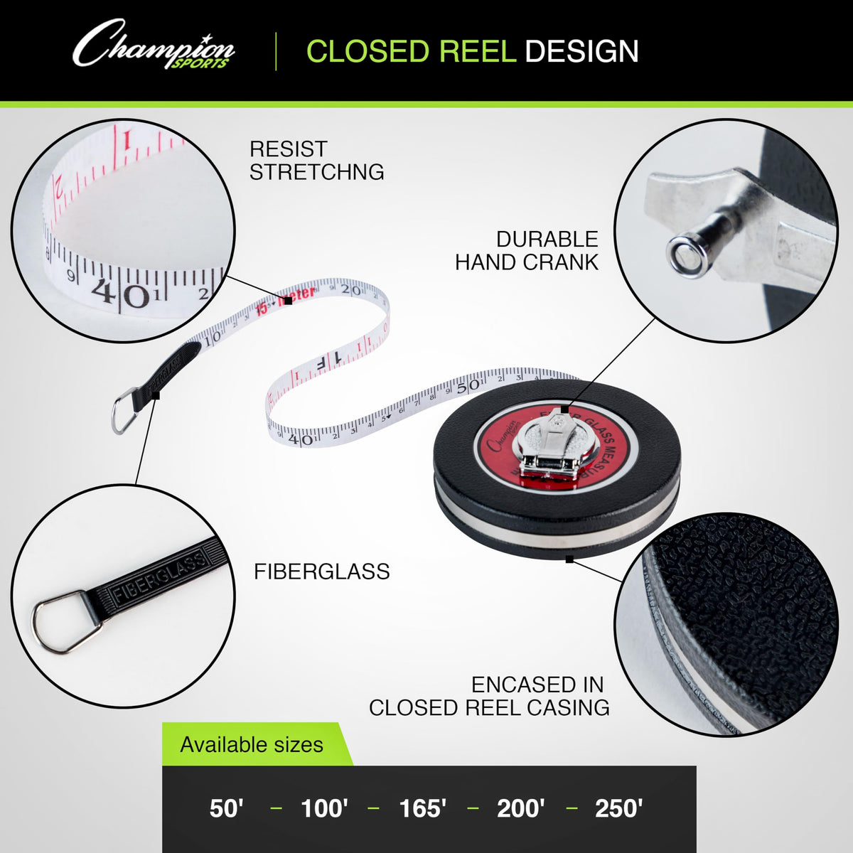 Champion Sports dual-sided feet and meters tape for flexible measurements