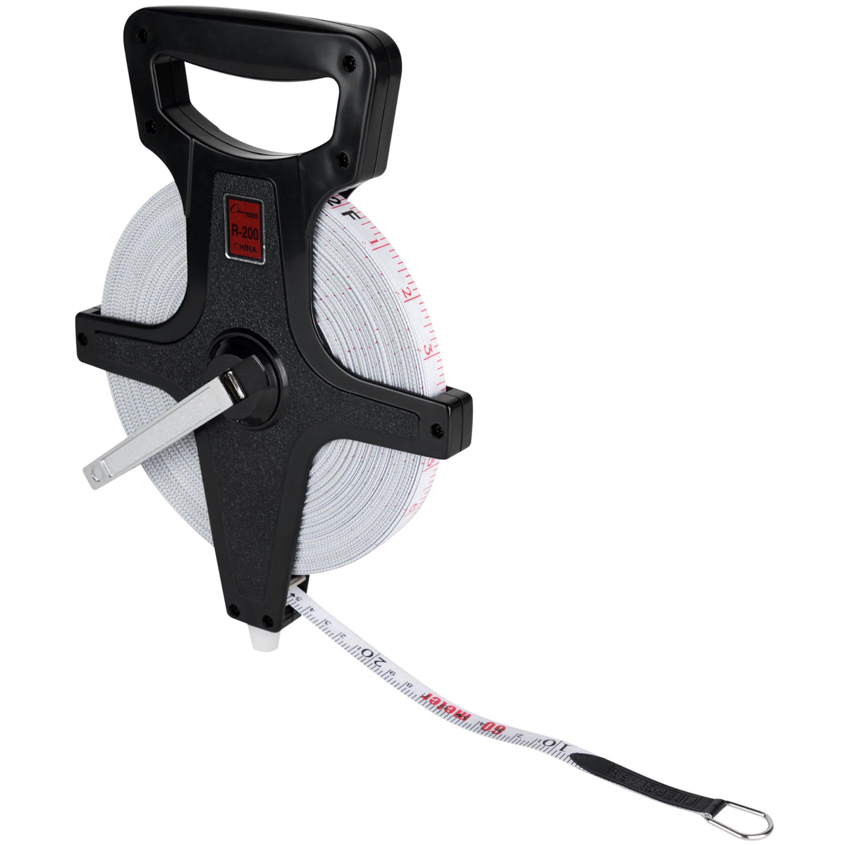 Stable metal bottom spike secures the tape on dirt for reliable measurements.