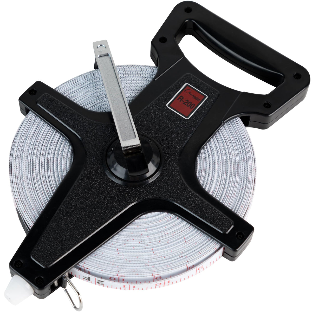 Champion Sports open reel measuring tape with hand crank for quick winding.