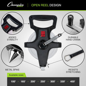 Champion Sports open reel measuring tape dual sided feet and meters for versatility