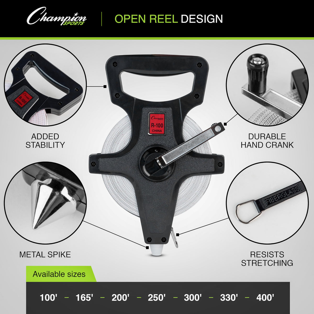 Champion Sports open reel tape with dual-sided feet and meters for versatile field use.