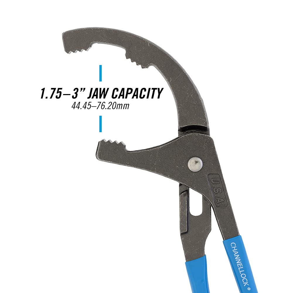 Channellock 209 in-use scenario removing an oil filter and working with PVC