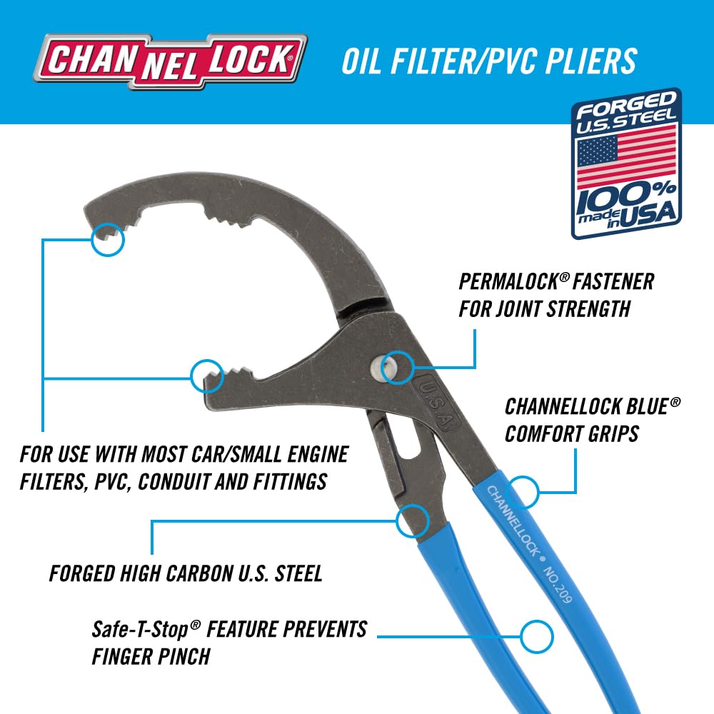 Channellock 209 oil filter plier side view showing robust leverage on vehicle filters