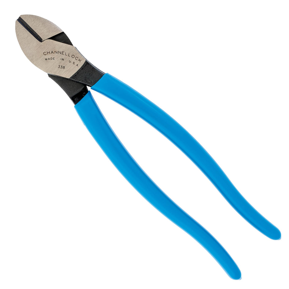 Channellock 338 diagonal cutting pliers blue front view for durable cutting performance.