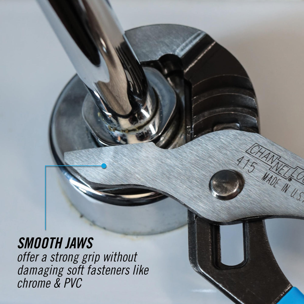 Channellock 415 right-angle teeth grip secures fasteners without slipping.