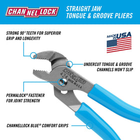 Channellock 424 straight jaw pliers with tongue-and-groove action for a secure grip.