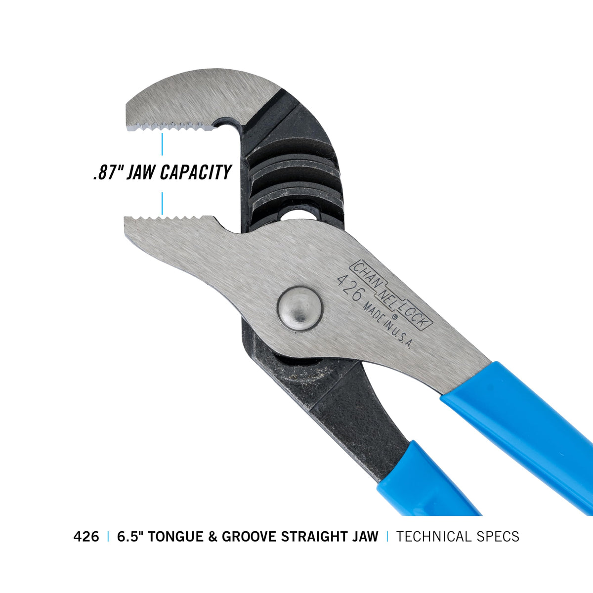 Channellock 426 jaw capacity visualized as seven eighths inch for reference.