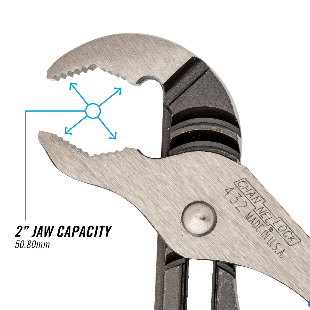 Channellock 432 undercut tongue-groove design resists slipping during use.