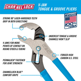 Channellock 432 V-Jaw teeth grip round and square shapes securely.