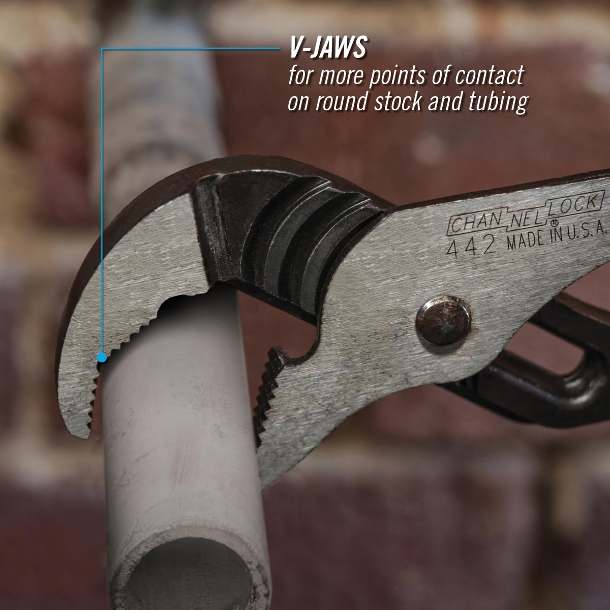 Channellock 442 seven-position jaw adjustment enables versatile clamping on various shapes.