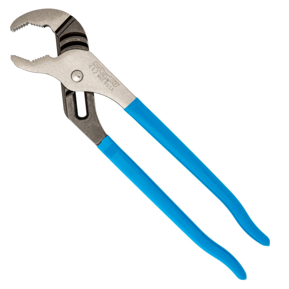 Channellock 442 tongue and groove pliers with 12-inch reach and V-Jaw grip for secure holding.