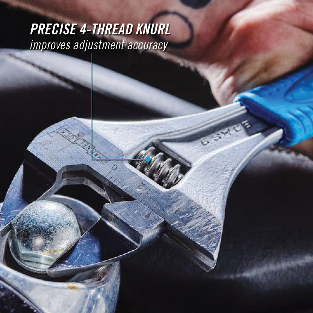 Channellock 6SWCB adjustable wrench gripping a bolt for plumbing tasks.