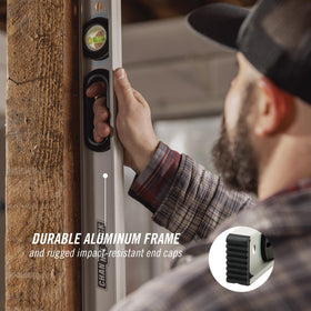 Channellock 72-inch level with ergonomic grips for glove use.