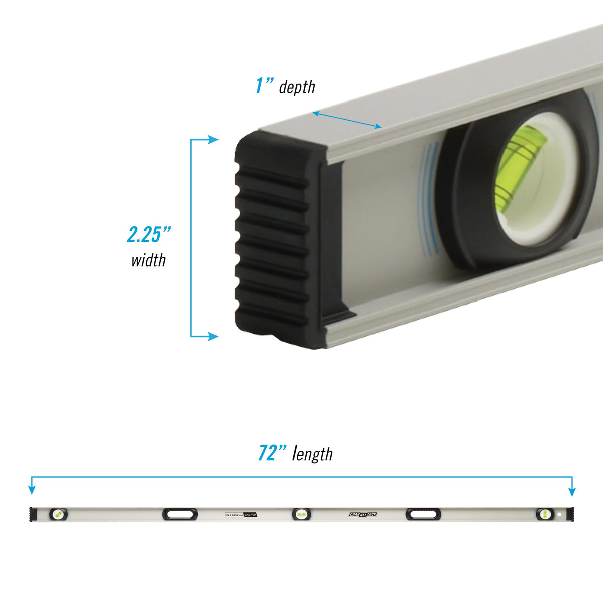 Channellock level with three high-contrast vials for quick alignment.