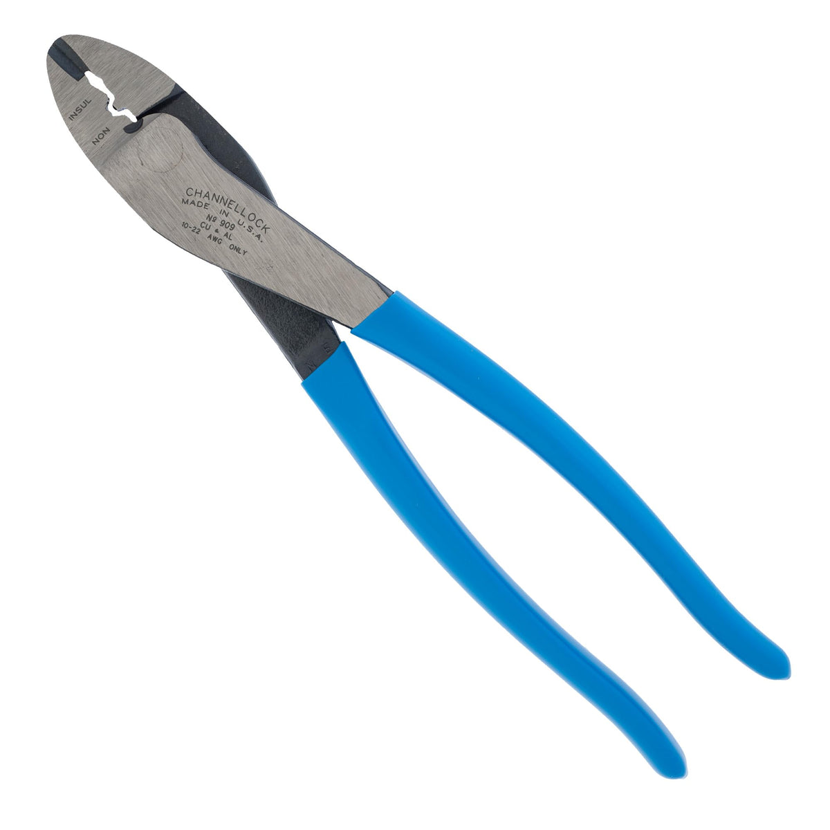 Channellock 909 center cut design for enhanced leverage during crimping tasks.