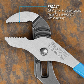 Channellock CHL430 laser-hardened teeth close-up for secure grip on pipes and nuts