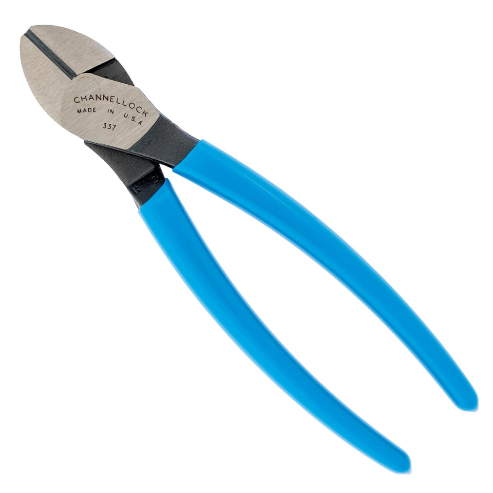 Channellock 337 diagonal cutters with blue grips in close-up for durable precision.