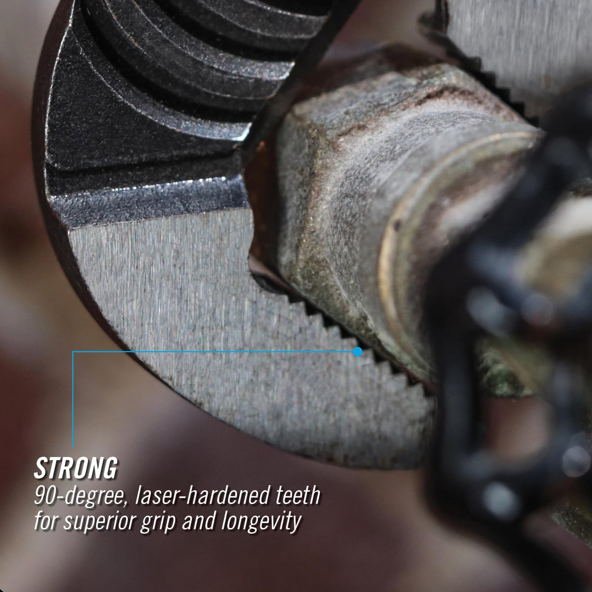 Channellock laser-treated teeth ensure durable bite on tough fasteners.
