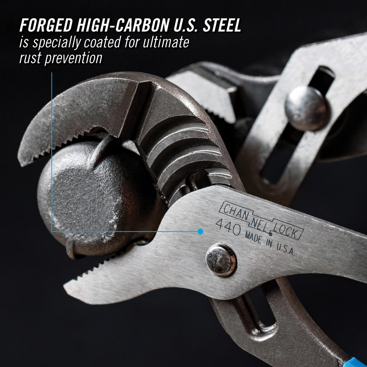 Channellock Permalock fastener prevents nut and bolt failures during heavy use.