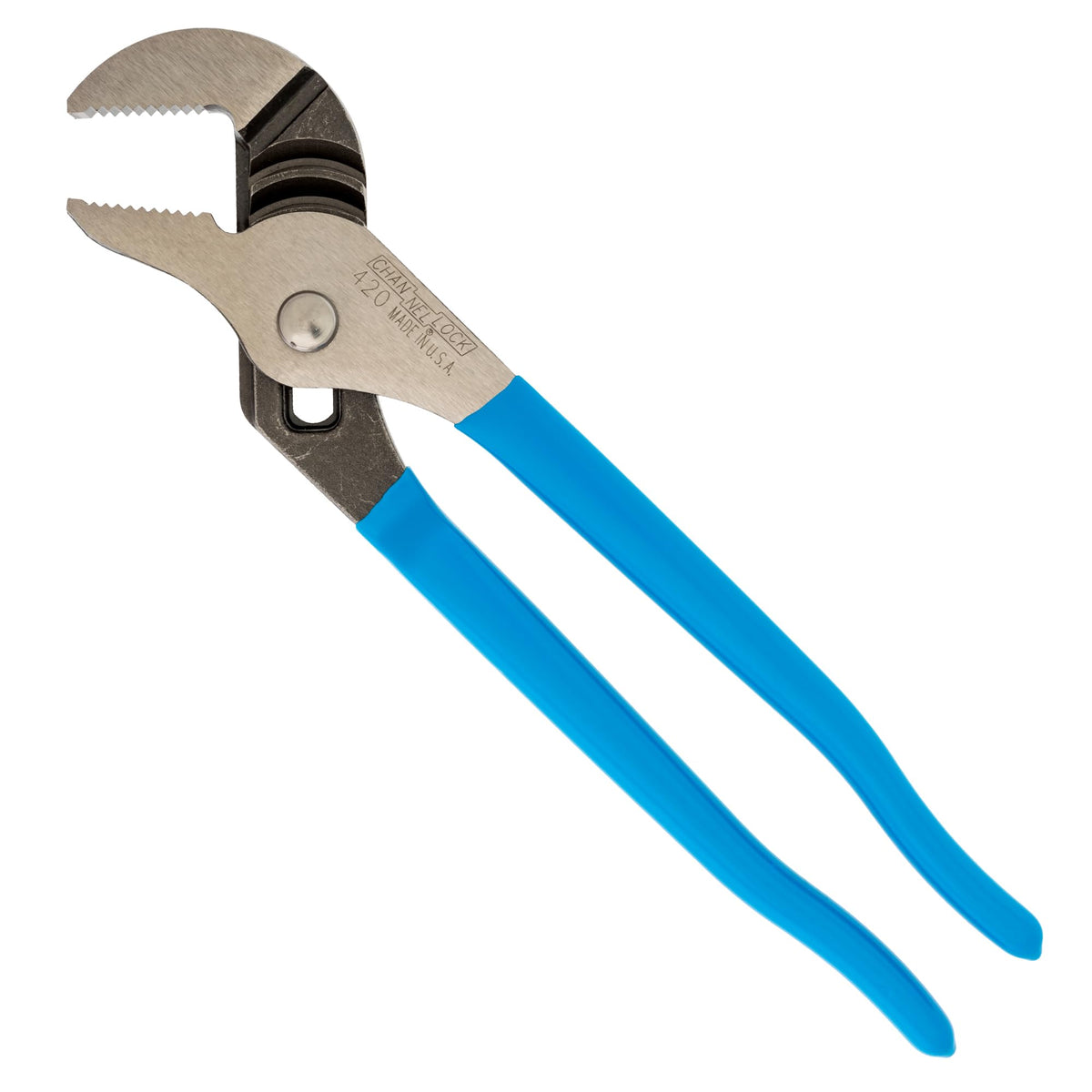 Channellock tongue and groove pliers closeup jaw showing slip-resistant undercut design.
