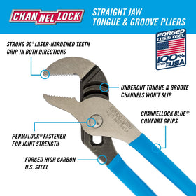 Channellock tongue and groove pliers with blue comfort grips for ergonomic use.