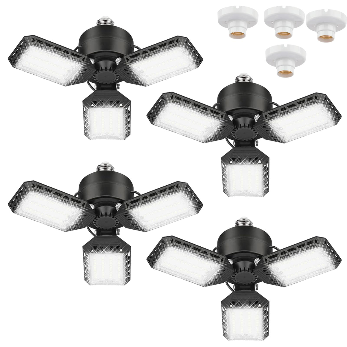 CHAREADA 4-pack LED garage lights deliver 60W efficiency for bright, wide-area illumination.