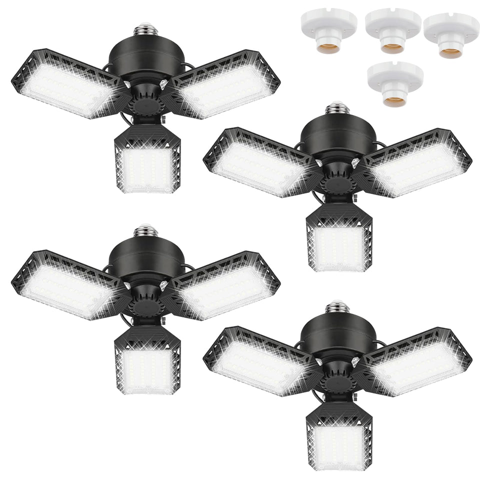CHAREADA 4-pack LED garage lights deliver 60W efficiency for bright, wide-area illumination.
