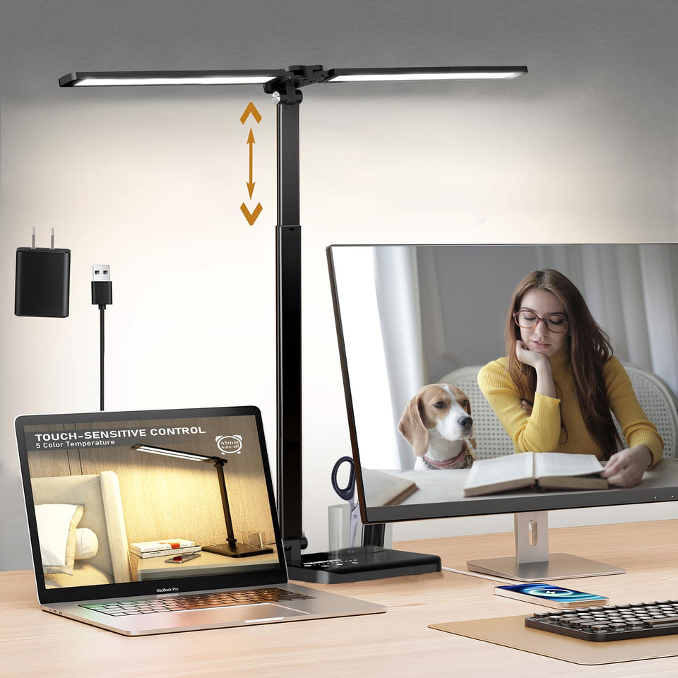 CHARYJOD desk lamp with dual swing arms extended for wide lighting coverage.